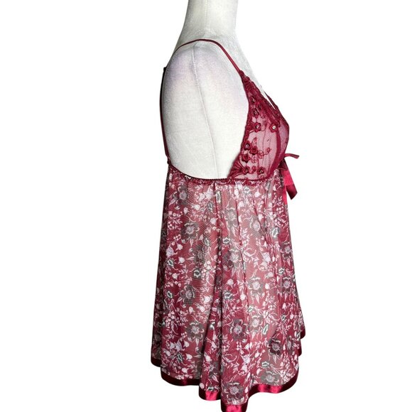 Sheer Red Floral Embroidered Babydoll Lingerie Adjustable Straps Bow Size M - Picture 5 of 6